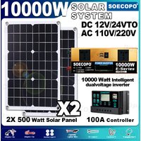 SOECOPO 10000W Complete Solar Kit 2×500W Panels, 12V/24V To 110V/220V Inverter Two Socket 100A Controller – For Home Camping