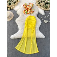 Stunning Floral Print Halter Vest High Waist Mesh Fish Tail Long Skirt Two Piece Set Beauty in Fashion Sleeveless Slim Fit