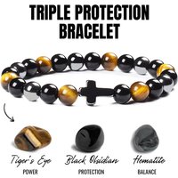 Triple Protection Bracelet Bring Luck Natural Hematite Slimming Black Obsidian Tiger Eye Stone Beads Women Men Cross Bracelets