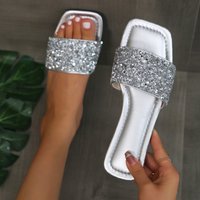 Rhinestone Sequins Slippers Women's 2025 Summer New Style Flat Bottom Casual Beach Slippers Women's Fashionable Versatile Shoes