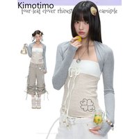 Kimotimo 2026 New 2 Piece Sets Women Y2k Diamonds Striped Strapless Vest Gray Long Sleeve Crop Cardigan Sweet Slim Fashion Suits