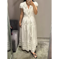 2026 Women French Style White Long Dress Hollow Out Embroidery Ruffled Spliced V-Neck Short Sleeve High Waist Loose Cotton Robe