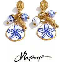 Yhpup Exclusive Style Stainless Steel Ceramic Bead Flower Drop Charm Earrings Prevent Allergy Summer Golden Aesthetic Jewelry