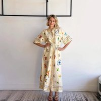 Fashionable Printed Casual Loose Dress Women's A-Line Skirt Short Sleeve Button Closure Polyester Fabric Travel Wear Daily Use