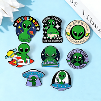 5/8Pcs UFO Green Alien Cat Enamel Pins Creative We Come To Party Beer Lapel Pins Funny Spaced Out Brooch Badge Gift For Backpack