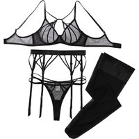 Fashionable and high-quality deep V ultra-thin perspective cross tie bow accessory sexy gathering underwear four piece set