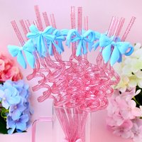 4/8/12/16pcs of reusable glitter spiral straws with cute blue bows—perfect for themed events and other special parties