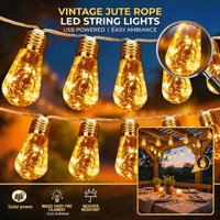 Solar Outdoor Fairy Light Bulb String Light, Retro Hemp Rope Hanging Courtyard Light Strip, Graduation Season, IPX4