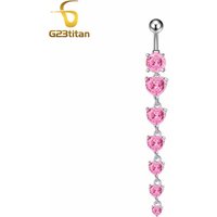 G23titan Long Dangle Pink Zircon Heart Bellybutton Ring Women Girls Surgical Piercing Titanium Navel Ring Body Beach Jewelry 14G