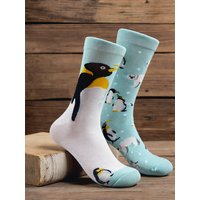 1 Pairs AB Asymmetry Cotton Socks Men Cute Penguin Polar Bear Print Crew Socks, Novelty Arctic Animal Pattern Mid-Calf Socks