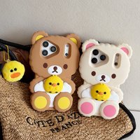 Cute Cartoon Rilakkuma Holding Chicken Silicone Phone Case For iPhone 17 16 15 14 13 Pro Max Plus 16e 17e Leg Stand Back Cover