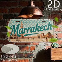 Vintage Moroccan "MARRAKECH" Moroccan Square Camel Scenery License Plate 2D Flat Aluminum Tin Sign Wall Art Decor for North Afri
