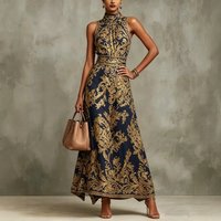 Baroque Print Halter Neck Maxi Dress Sleeveless High Waist A-Line Formal Evening Gown Elegant Vintage Party Dress for Women