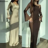 2026 Women's Fashion Long Dresses Solid Satin Flare Sleeve Slim Lace Up Floor-length Dress Females Sexy Elegant Party Maxi Dress