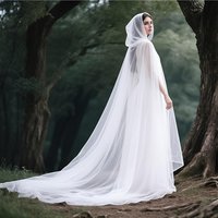 Women Tulle Hooded Cape with Long Train Elf Cloak with Hood for Halloween Wedding Cosplay