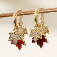 Shine Gold Color Inlaid Cubic Zirconia Copper Dangle Women's Earrings Hand Carved Maple Leaf Earrings Woman Fashion Jewelry