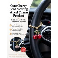 Cherry Bead Car Charm with Gold Chain, Resin & Enamel Leaf Hanging Decor for Car Mirror Steering Wheel