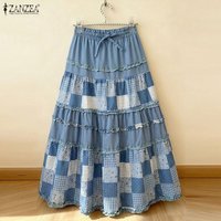 ZANZEA Oversized Long Skirts Women High Waist Print Patchwork Maxi Bottoms Casual Loose Elastic Waist Fashion Jupes Faldas Saia