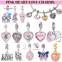 925 Sterling Silver Pink Heart Love Family Mom Charms Bead Pendants Fit DIY Original Bracelet Jewelry Valentine's Day Gift