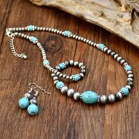 2PCS Vintage Round Beads Inlaid Imitation Turquoise Necklace Earring Set Women's Fashionable Personalized Handmade Jewelry