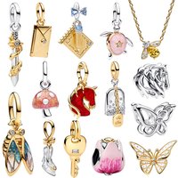 925 Silver Glass Slipper Charm Pink Envelope Floral Tulip Golden Key Sword Bee Cicada Butterfly Beads Necklace Fit Bracelet