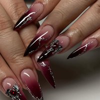24 Pcs Long False Nails Black Red Gradient Self-adhesive Acrylic Press on Nails Stiletto 3d Metal Decoration Stick on Nails Set