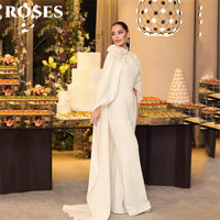 ROSES White Satin Evening Gown High Neck Prom Dress with 3D Floral Wedding Evening Dress Cape Sleeve robes de soirée Customized