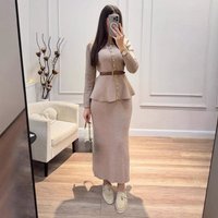 Autumn Winter New Style Button Pleated Fish Tail Wrap around Skirt Knitted Top And Skirt Set Women's Fashion Ensemble