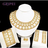 GZJPEI 18K Gold Plated Women Jewelry Set Statement Exaggeration Wide Bracelet Necklace Christmas Gifts Sets Wedding Accessories