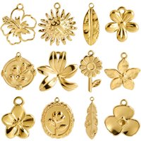 12pcs Fashion Plant Series Gold Color Stainless Steel Pendant Lily Rose Leaves Pendants For Women DIY Earring Necklace Making