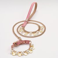Luxury Pet Dog Pearls Collar and Leash Pearls Puppy Necklace Leather Pearl Leash with Crystal Rhinestone Small Dog Accessories
