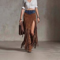 Woman Suede Skirt Women High Waist Long Skirt for Women Tassel Spliced Imitation Denim Hem Irregular Slit Woman's Midi Skirt