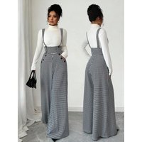 Overall für Damen, Winter-Jumpsuit, Schwarz-Weiß, Vintage, Weites Bein, Hosenträgerhose für Büro, Pendeln, Freizeit, Damenkleidung