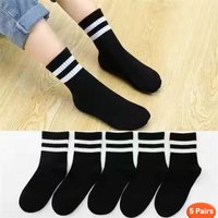 5 Pairs Kids Socks Unisex All Season Cotton Mid Calf School Socks Black White Solid Color Children Socks for Boys Girls