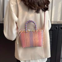 Fashion Colorful Woven Mini Tote Bag with Drawstring Closure Lightweight Large Capacity Crossbody Purse for Summer Beach Outings