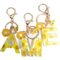 Fashion Yellow Sunflower A-Z Initial Letter Keychain Acrylic Daisy Bee Pendant Keyring For Women Bag Car Trinket Accessories