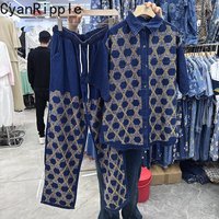 Luxury Diamond Grid Women Denim Sets New Spring Summer Loose Short Sleeve Cardigans Shirt + Elastic Waist Casual Straight Pants