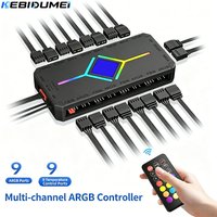 KEBIDUMEI 1 to 9 Port ARGB PWM Fan Hub Adapter with ARGB Controller 5V 3 Pin Cooling Fan Hub Splitter PWM Magnetic Suction Hub