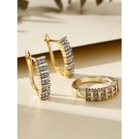 Strip inlaid zircon two-tone earrings and rings set fashion jewelry holiday party gift three-piece jewelry set