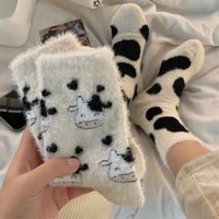 2/1 Pairs Cute Cow Spots Print Socks, Thickened & Warm Coral Fleece Socks, Women's Stockings & Hosiery