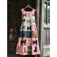 Women's Vintage Color-Block Cat Long Dress Summer Casual Loose Sexy Sleeveless Vest Dress Outdoor Street Vacation Woman Clothes