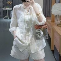 Korean Women Embroidery Loose Two Piece Suit Summer Ladies V Neck Shorts Outfit Spring Femme Solid Color Improved Hanfu Top 2PCS