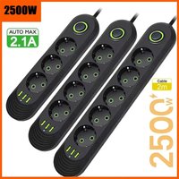 EU Plug AC Outlet 2500W Multiports Power Strip AC Outlet with 3USB Port 2m Extension Cable Round Pin Electrical Charger Adapter