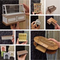 Miniature Cafe & Bakery Furniture Set Dollhouse Coffee Bar Counter, Dessert Display Case, 12-Slot Pastry Cabinet & Wooden Tables