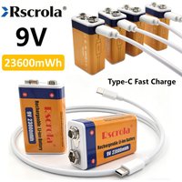 Long Lasting Rechargeable 9V Battery 23600mWh, Li-ion 9V Battery with Charging Cable, USB-C Charge, 9V Batteries for Home&Office