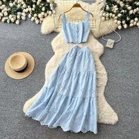 Two Piece Sets Women Skirt Set Sling Sleeveless Short Tops Long Skirts A Line High Waist Y2k Streetwear Elegant Work Hollow Out