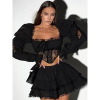 Women A-line Skirt Two Piece Sets Sexy Square Neck Long Sleeves Lace-up Short Top + Mini Skirt Suits Party Evening Sets