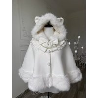 Winter New Lolita Shawl Overcoat Women Design Bow Hooded Patchwork Kawaii Cope Coat Female Warm Chic Sweet Fur Collar Coat