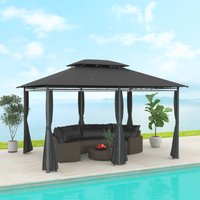 Outsunny 4m x 3(m)Garden Gazebo, Double Roof Outdoor Gazebo Canopy Shelter with Curtains, Solid Steel Frame