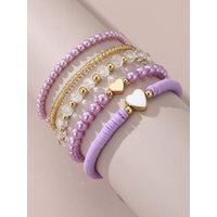 5Pcs/set Multilayer Gold Bead & Soft Clay Disc Beaded Stretch Bracelets, Sweet Preppy Heart Bangle Valentine Friendship Jewelry